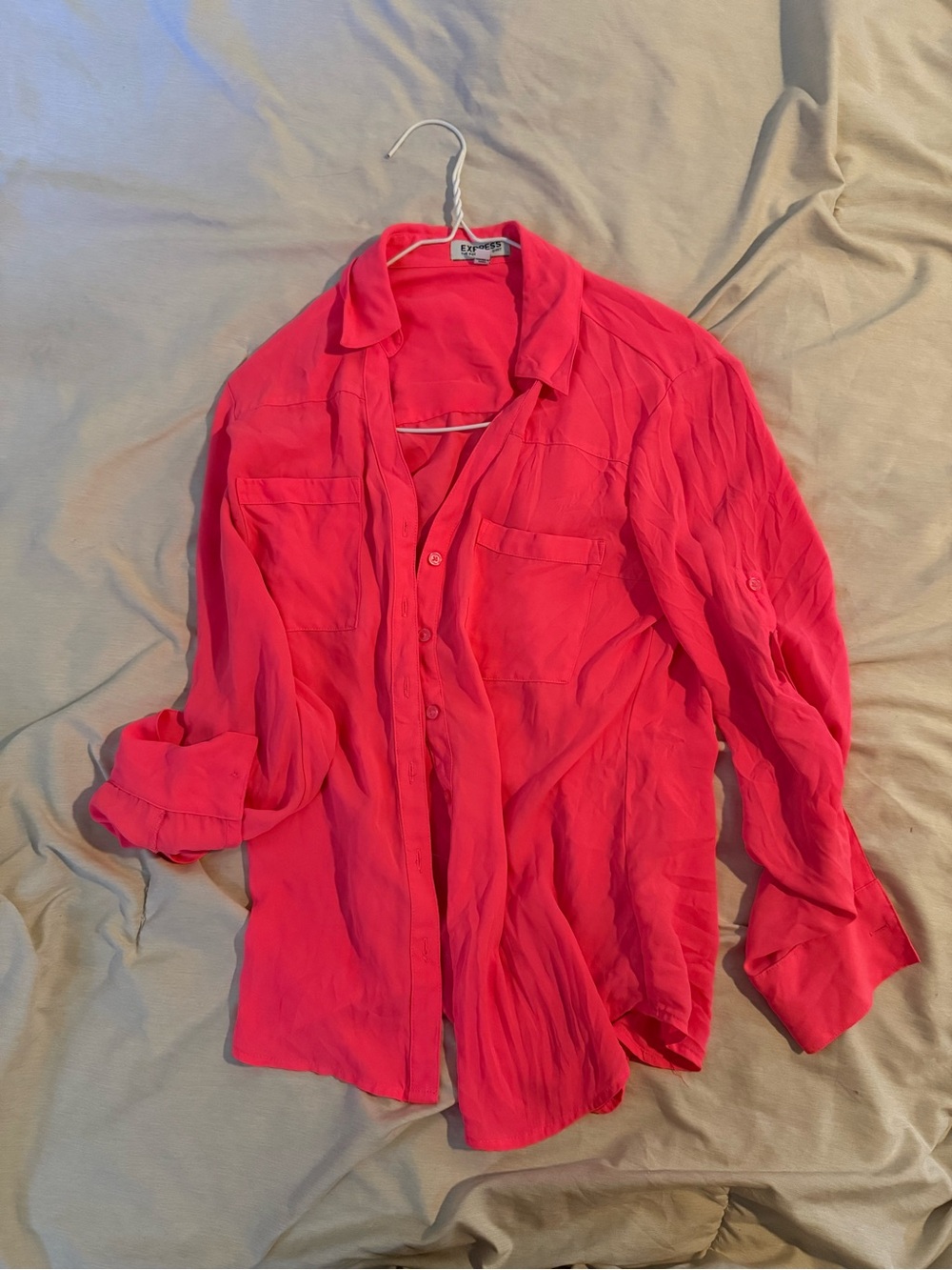 Express Women’s Button-Front Shirt in Bright Coral Pink